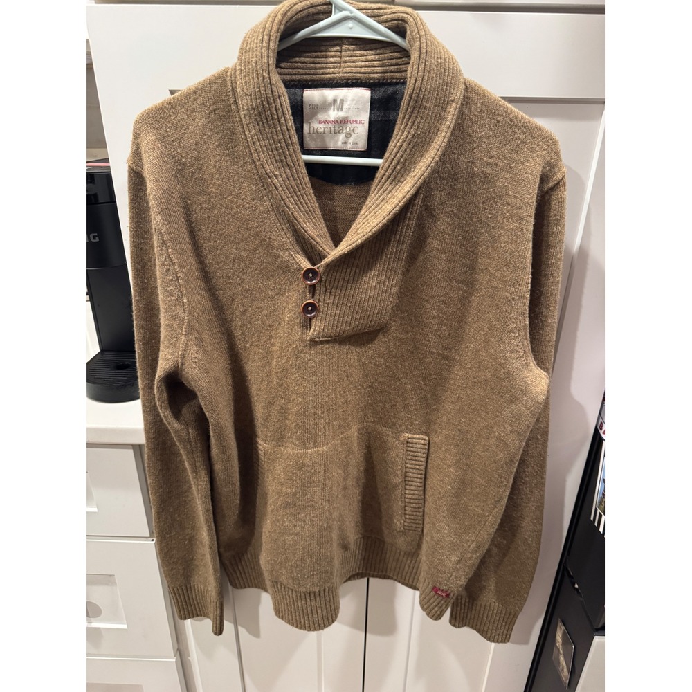 Banana Republic Heritage Mens Brown Collar Button Kangaroo Pocket Sweater M